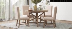 TREXM 5-Piece Retro Functional Dining Set with Extendable Round Table with Removable Middle Leaf and 4 Upholstered Chairs for Dining Room and Living R