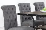 Classic Dining Room Furniture Natural Wooden Rectangle Top Dining Table 6x Side Chairs Charcoal Fabric Tufted Toll Back Top Back Chair Nail heads Trim